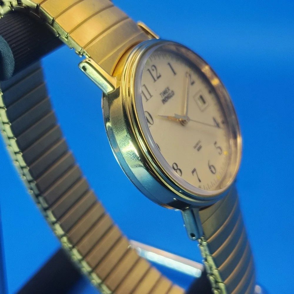 Vintage Timex Indiglo Date 34mm Mens Quartz‎ Dress Watch Stretch Bracelet 5-8+